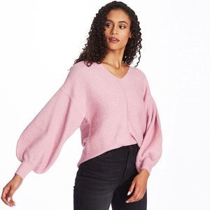 1.STATE V-Neck Bubble-Sleeve Sweater Pink XL